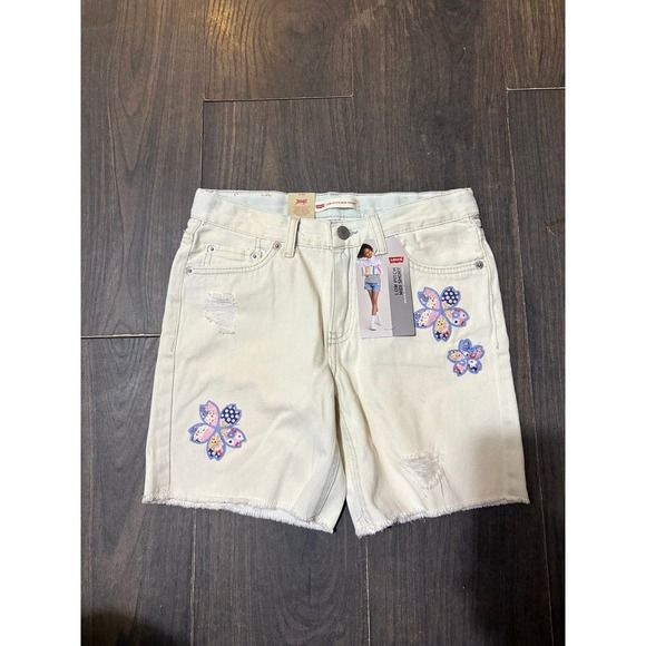 Levi's Shorts Girls 12 Off White Jean Denim Flowers Low Pitch Midi Distressed - Picture 1 of 8